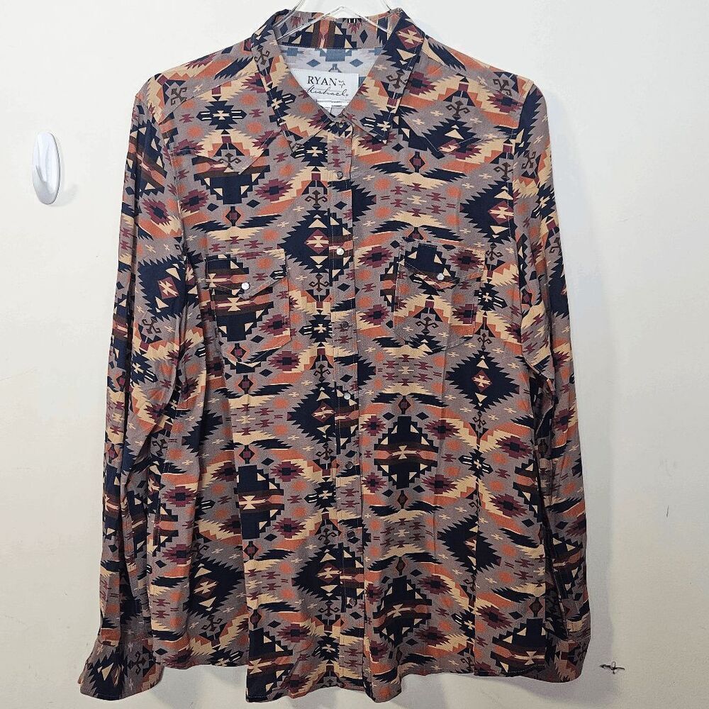 Ryan Michael Silk Aspen Aztec Print Western Snap Button Down Long Sleeve Shirt W